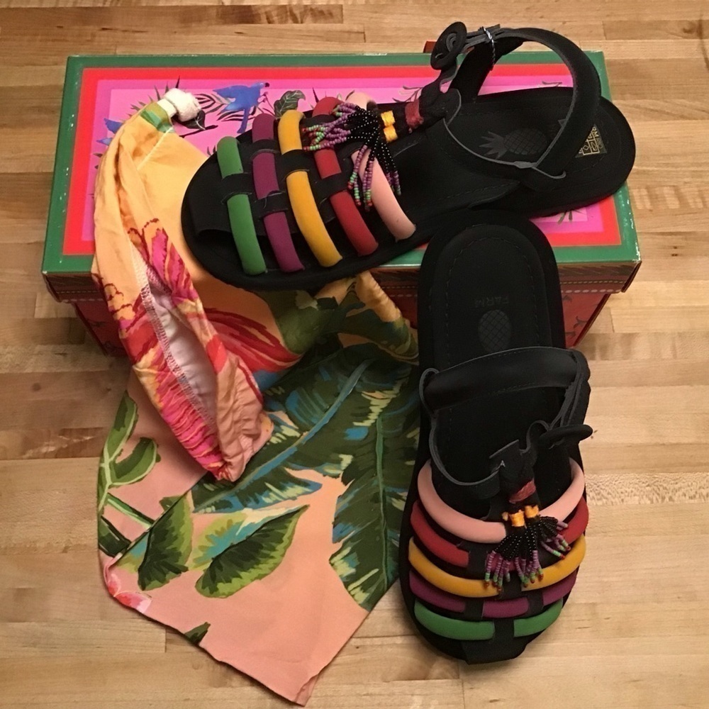 Farm Rio Beaded Rainbow Tube Strap Tassel Sandals with tropical print dust bag …